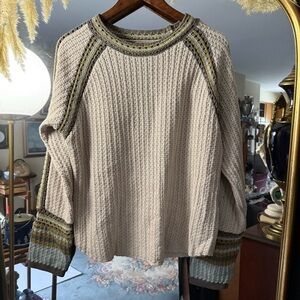 Mystree Cream and Olive Striped Trim Knit Sweater